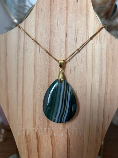 Collier Agate Rubanée Verte – Chaîne Perlée Dorée Acier Inoxydable 316L