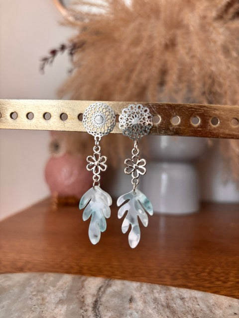 Boucles d’oreilles pendantes dépareillées, fleurs filigrane et pampilles bleu clair