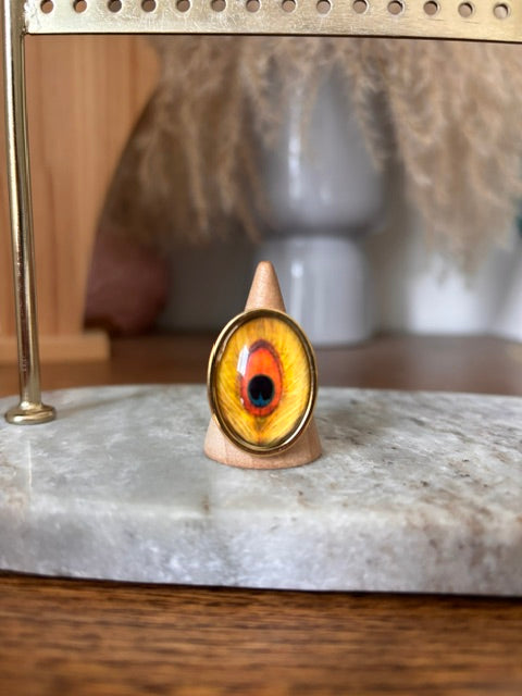Bague ajustable dorée avec cabochon ovale plume de paon, fond rose