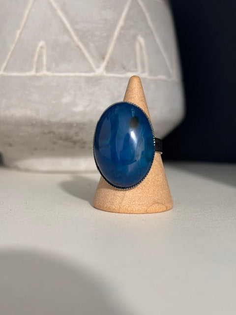 Bague Agate Veine de Dragon Bleue Argentée Ajustable | PAPD