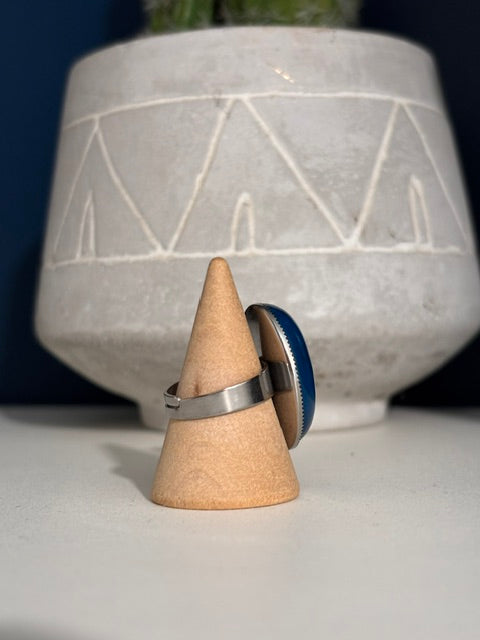 Bague Agate Veine de Dragon Bleue Argentée Ajustable | PAPD