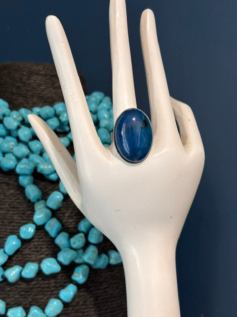 Bague Agate Veine de Dragon Bleue Argentée Ajustable | PAPD