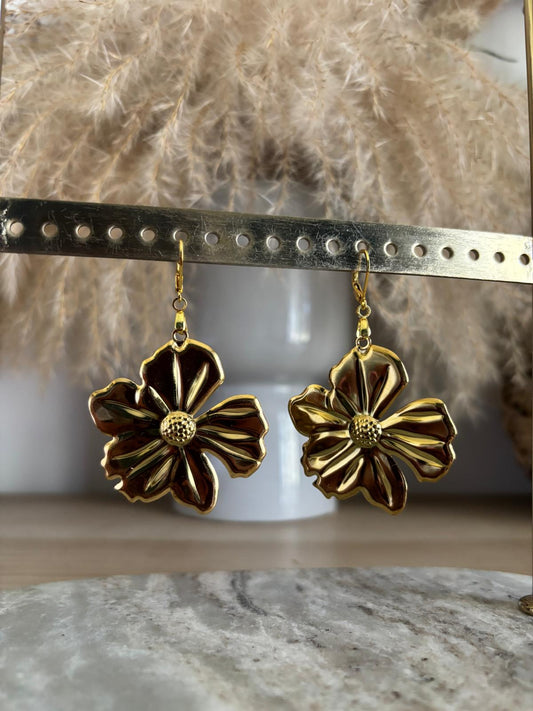 Boucles d'Oreilles Dormeuses Dorées Grosse Fleur | Bohème Élégant | Acier Inoxydable