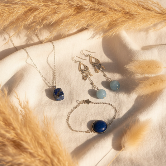 Parure Artisanale Lapis Lazuli 4 Pièces | Collier, Bracelet, Bague & Boucles | Acier Inoxydable | Coffret Cadeau Femme Fait Main France