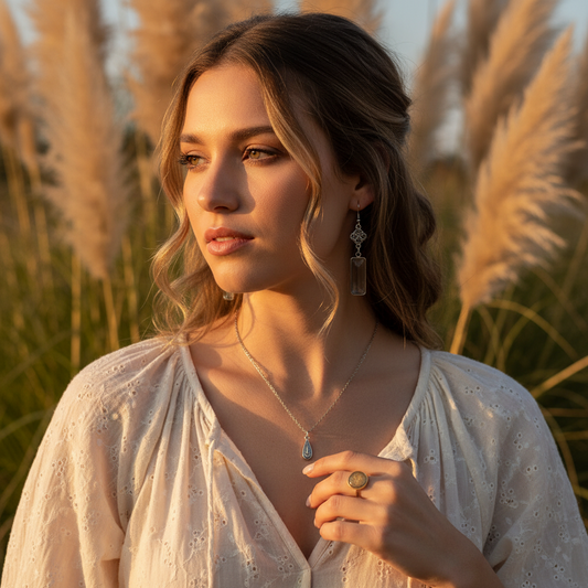 Parure bijoux minimaliste acier : collier pendentif goutte, boucles pendantes, bague