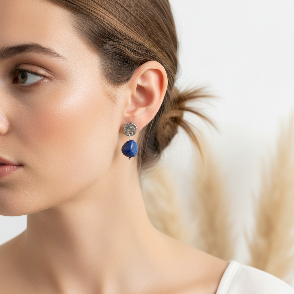 Boucles d’oreilles sur l’oreille, acier inox et pierres de lapis lazuli bleues