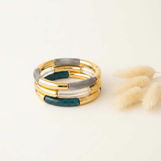 Trio Bracelets Élastiques Tubes Gris, Transparent & Bleu Pailleté – Doré | À Superposer | 18 cm | Fait Main France livraison gratuite