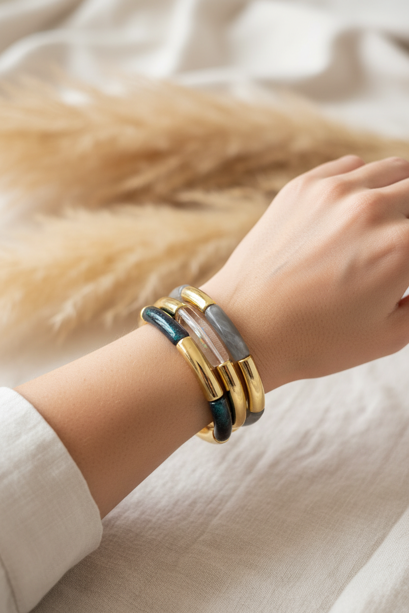 Trio Bracelets Élastiques Tubes Gris, Transparent & Bleu Pailleté – Doré | À Superposer | 18 cm | Fait Main France livraison gratuite