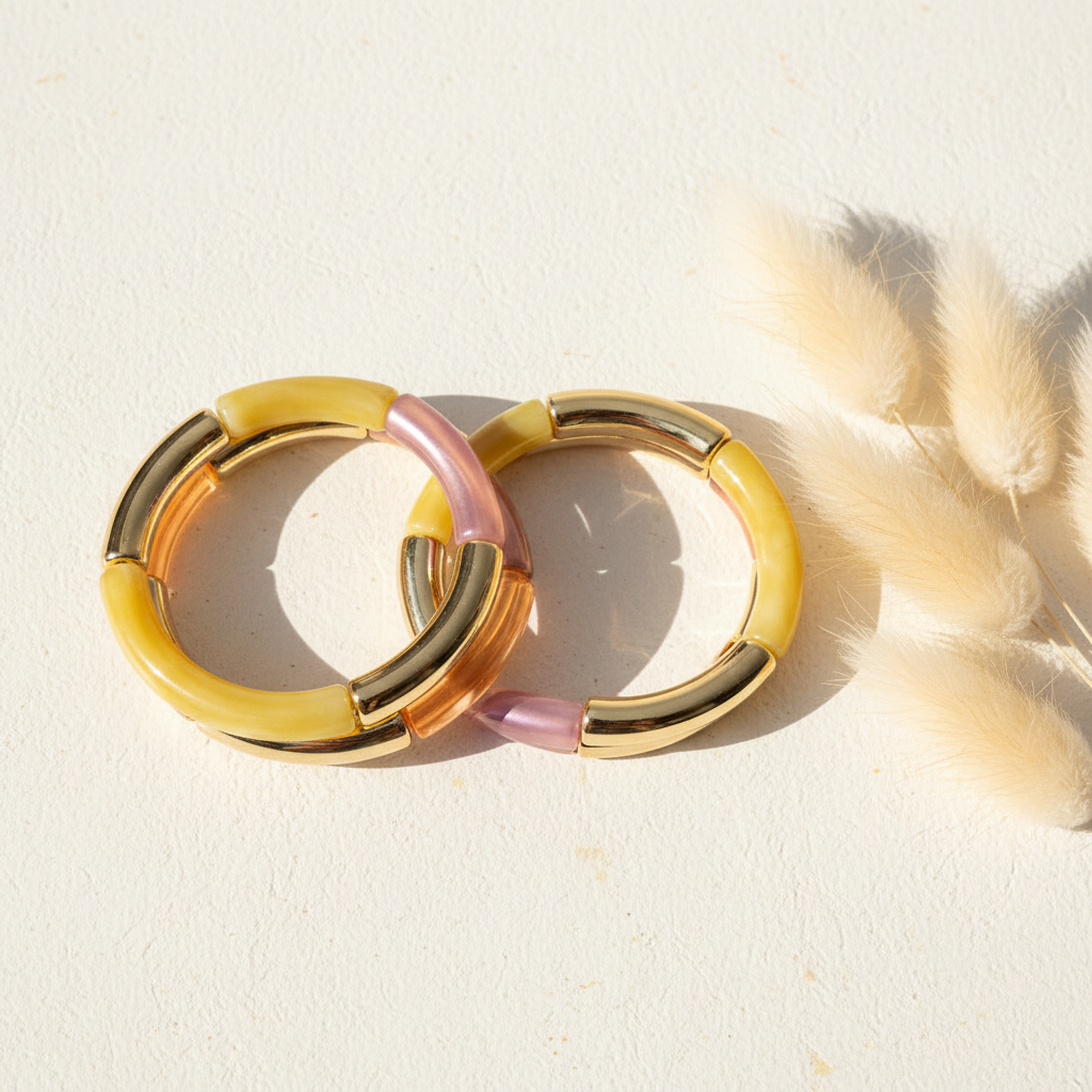 Trio Bracelets Élastiques Tubes Incurvés – Orange, Violet & Jaune Doré | À Superposer | 18 cm | Fait Main France livraison gratuite