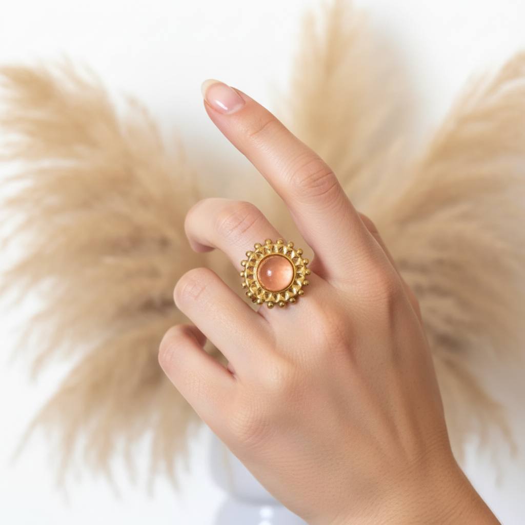 Bague dorée ajustable avec cabochon quartz rose rond et entourage motif perles