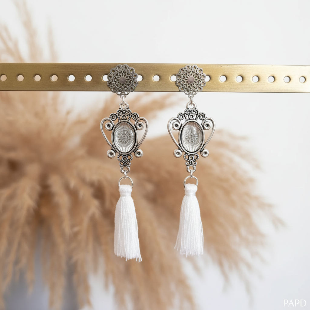 Boucles d'oreilles médaillon bohème filigrane & pompon blanc – acier inoxydable argenté – PAPD