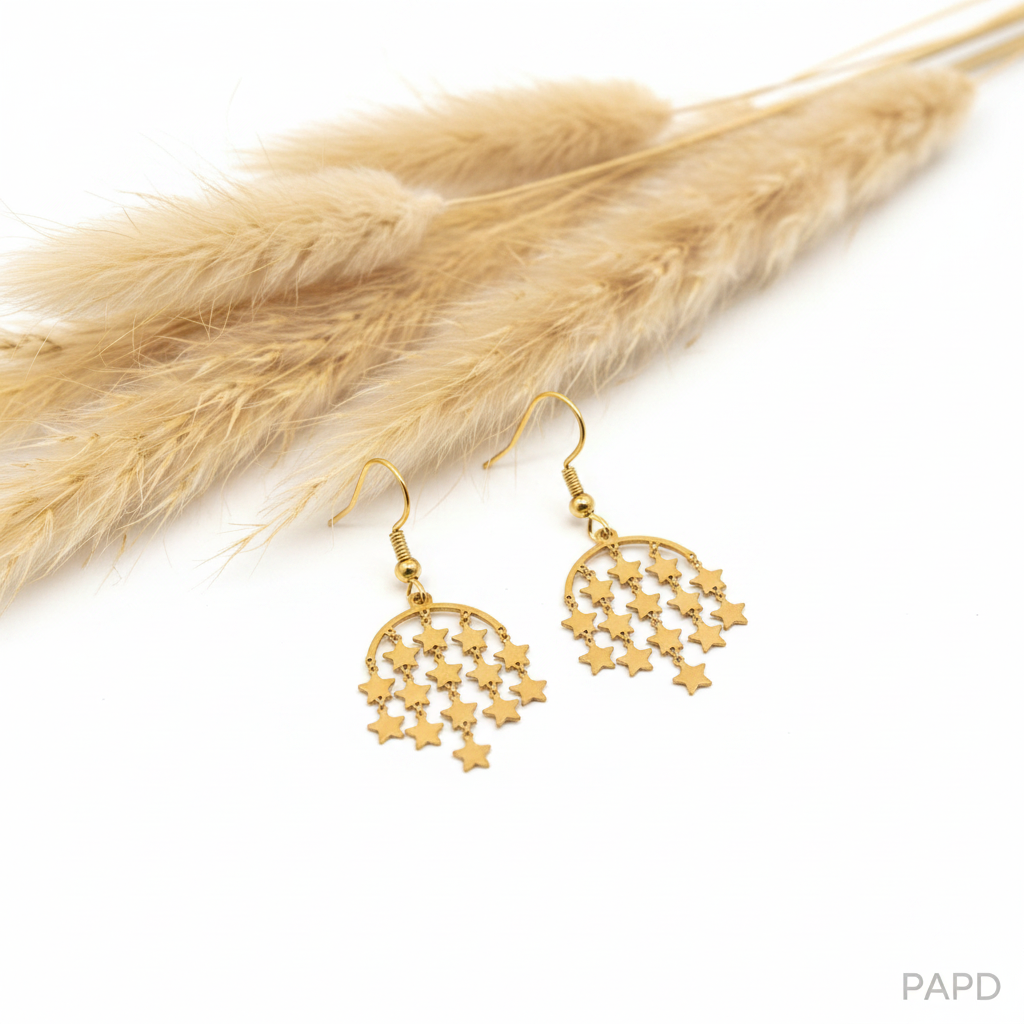Boucles d’oreilles dorées pendantes à motif d’étoiles ajourées, crochets métalliques.