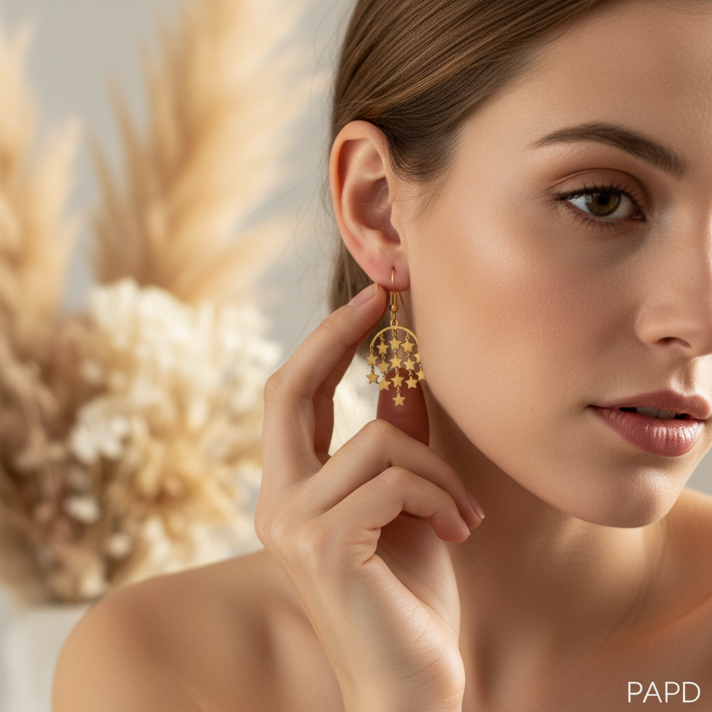 Boucles d’oreilles dorées étoilées, pastille noire et pendentif en étoiles, portées.