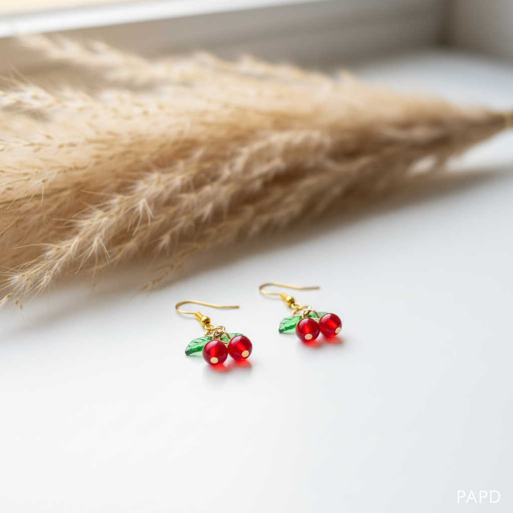 Boucles d’oreilles pendantes avec deux cerises rouges et monture dorée