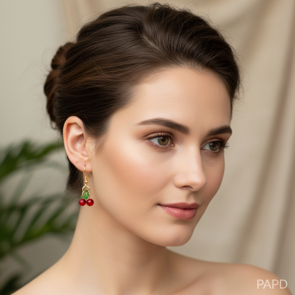 Boucles d’oreilles pendantes cerises rouges, monture dorée, portées à l’oreille