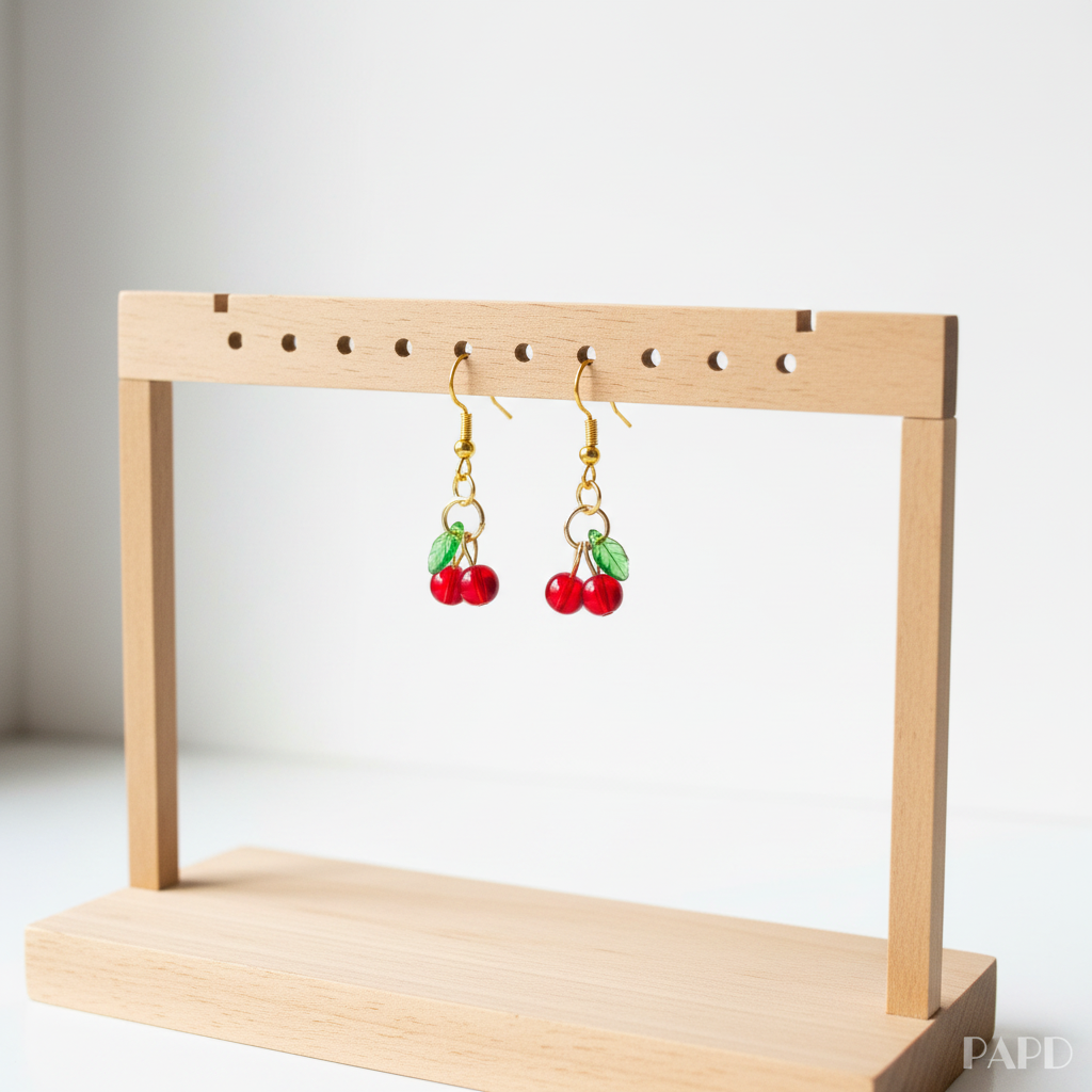 Boucles d’oreilles cerises rouges pendantes, crochets dorés, sur présentoir en bois