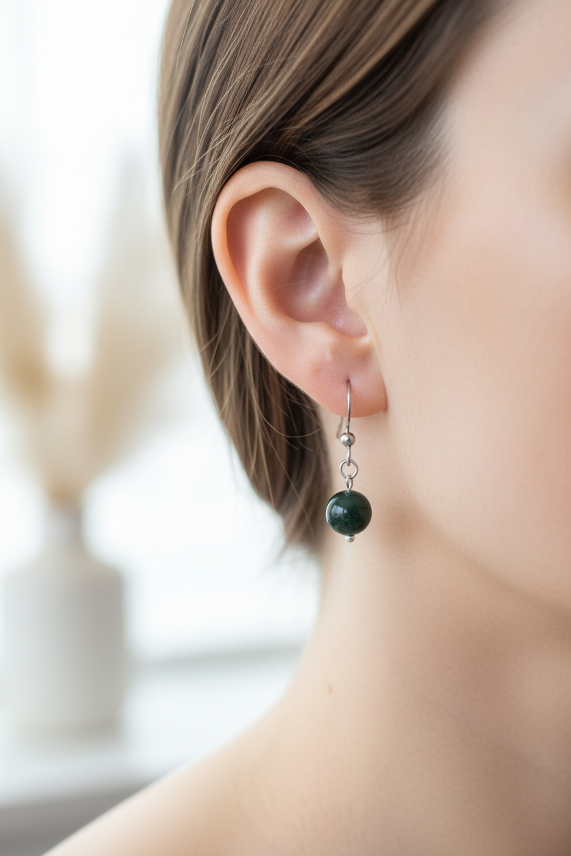 Boucle d’oreille argentée portée à l’oreille avec une perle ronde d’agate mousse vert très foncé