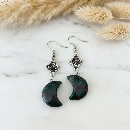 Boucles d’oreilles lune en agate indienne verte, pendentif demi-lune, anneaux argentés