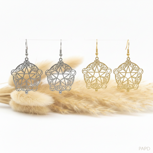 Paire de boucles d’oreilles pendantes pentagramme filigrane, argent et doré