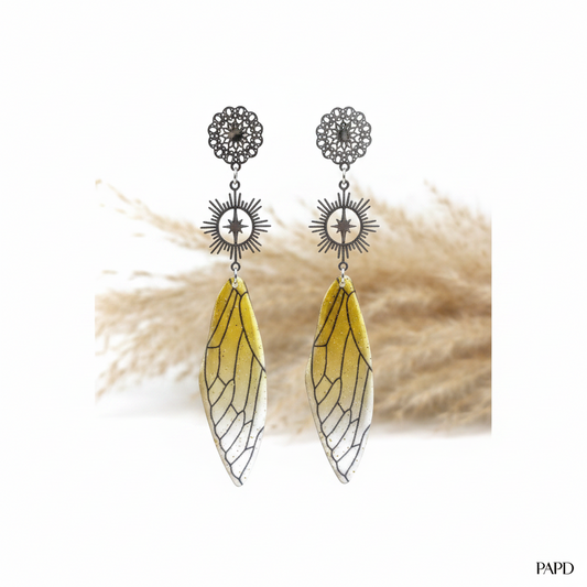 Paire de boucles pendantes, petites rosaces, soleil et ailes jaunes, acier inoxydable
