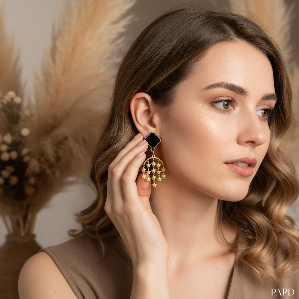 Boucles d’oreilles dorées étoilées, avec pastille noire, portées sur le lobe.