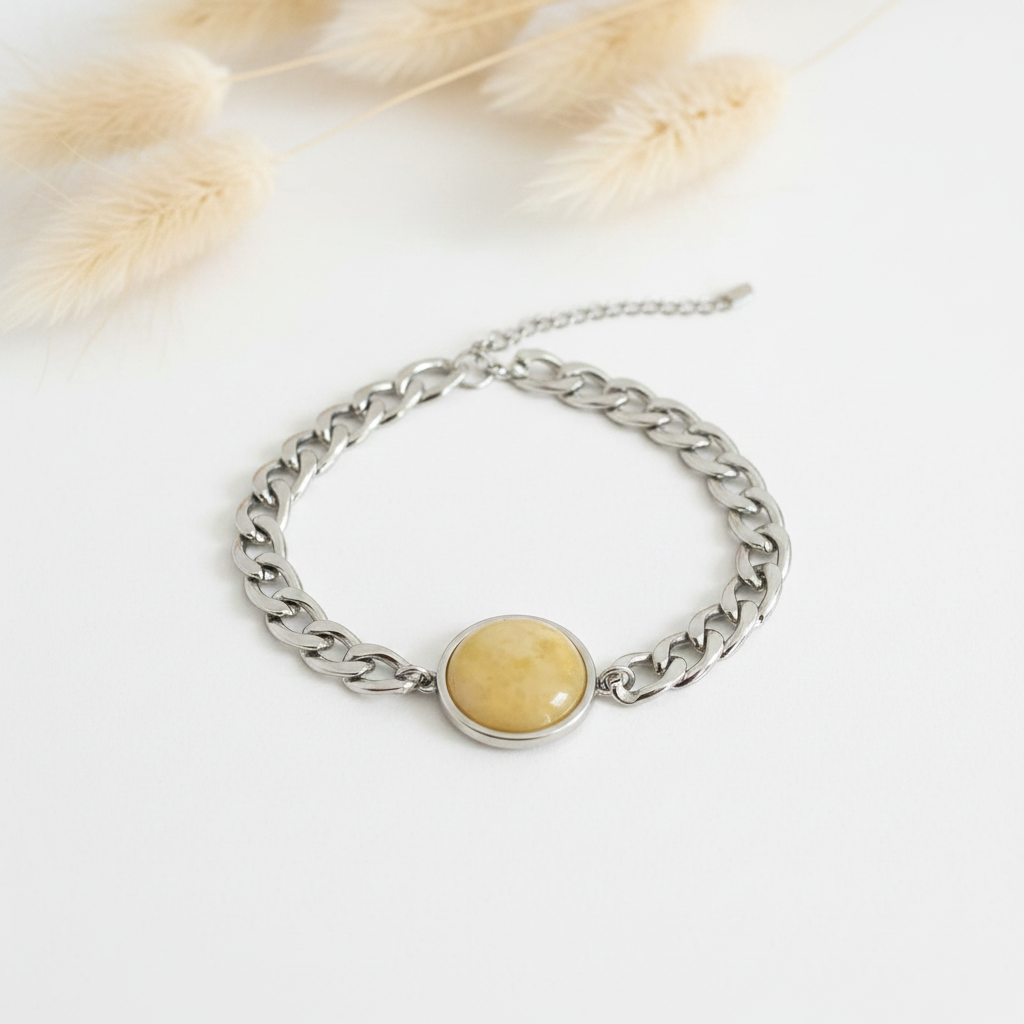 Bracelet gourmette argenté à cabochon rond ambre jaune naturel