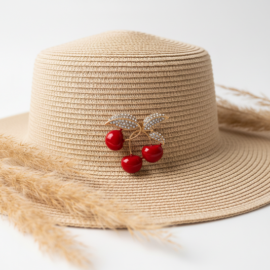 Broche cerises rouges avec feuilles dorées et strass, sur chapeau en paille beige