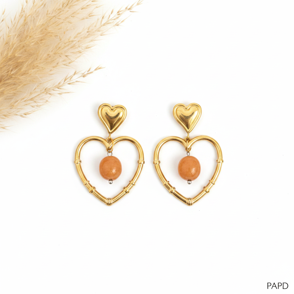 Paire de boucles d’oreilles cœur doré avec pierre quartz orange sur anneau