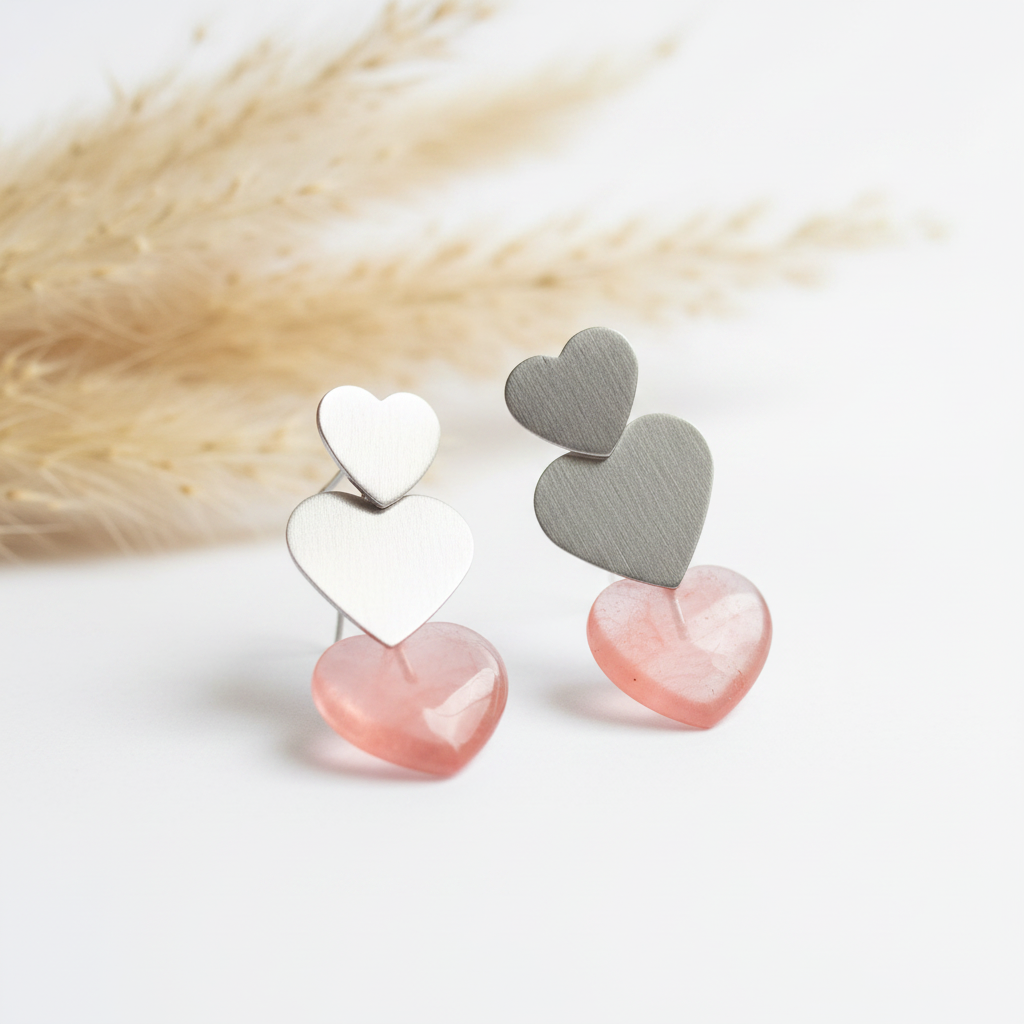 Boucles d’oreilles cœurs articulés, acier brossé, pierre quartz rose cerise