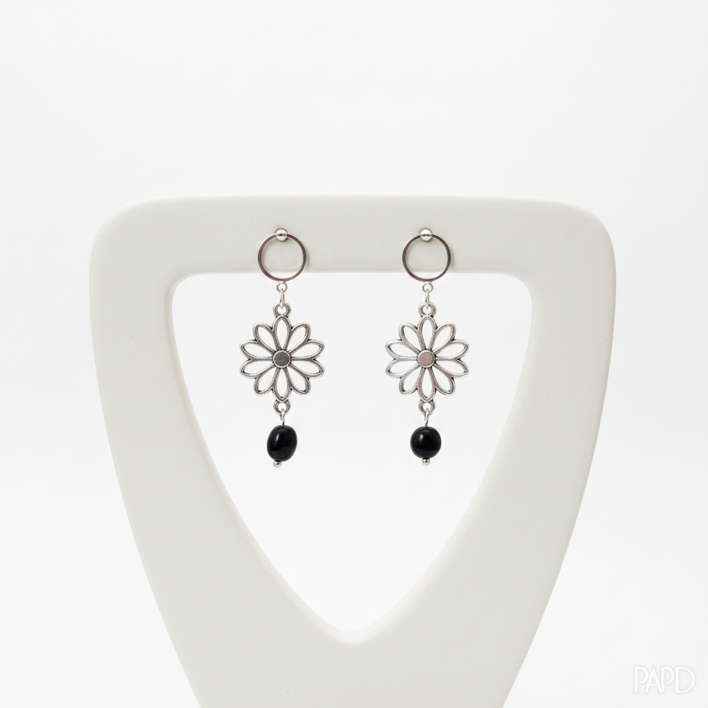 Boucles d’oreilles pendantes fleurs et obsidienne noire, acier inoxydable