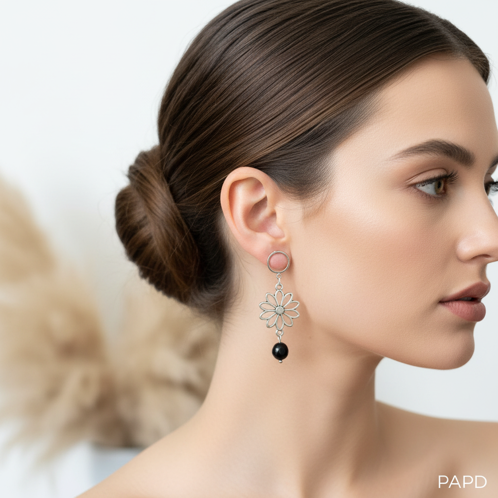 Boucles d’oreilles fleurs pendantes, acier, pierre noire type obsidienne