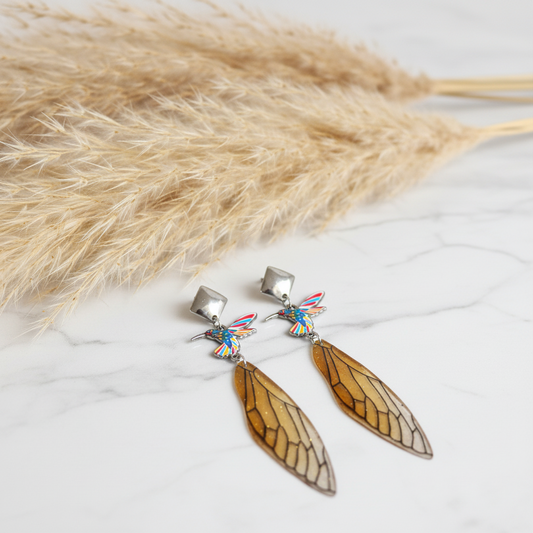 Boucles d’oreilles pendantes colibri, ailes brunes, papillon multicolore, acier inox