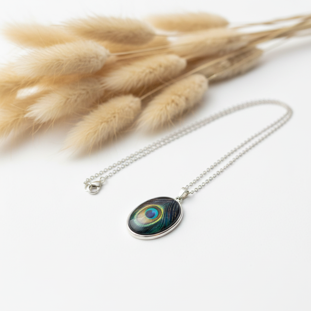 Collier argenté avec pendentif ovale cabochon plume de paon multicolore