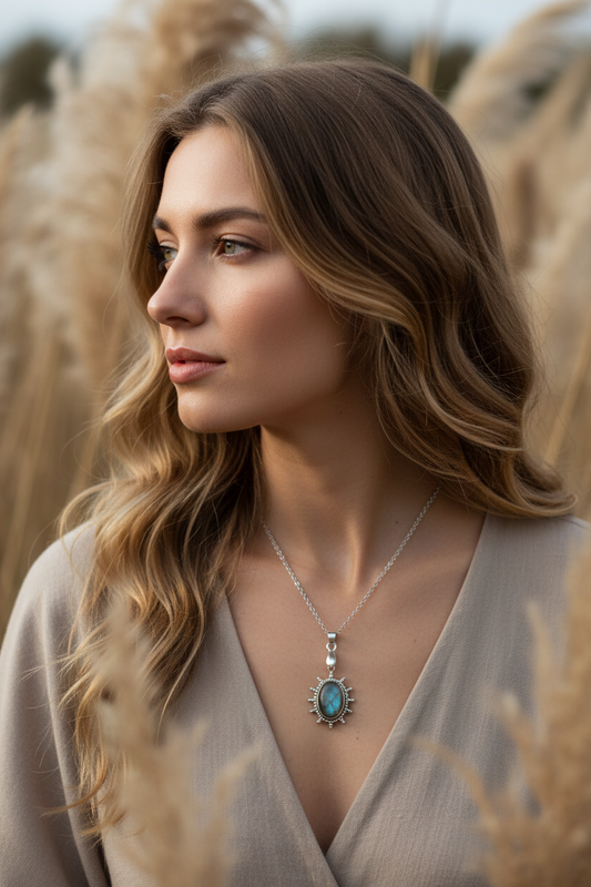 Collier porté : pendentif soleil argenté et pierre labradorite bleue sur chaîne