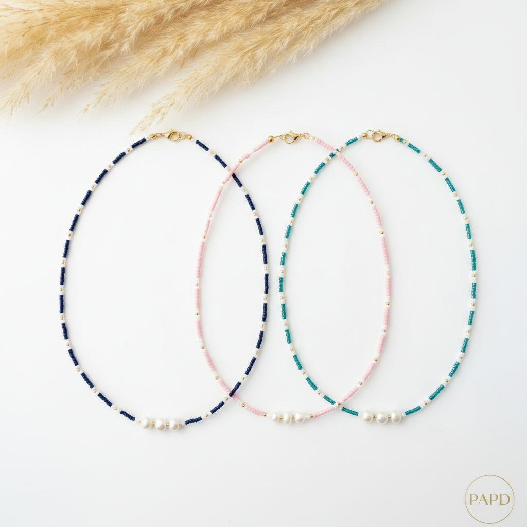 Colliers fins en perles Miyuki et nacre, bleu marine, rose et turquoise, fermoir doré