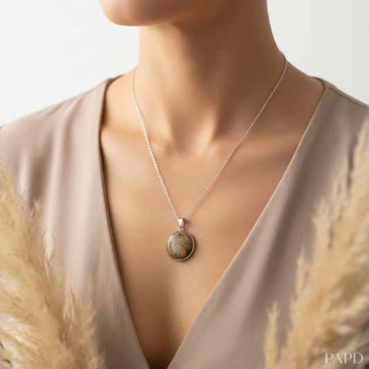 Collier unakite naturelle rose et verte porté, chaîne argentée élégante. Équilibre émotionnel, guérison intérieure – PAPD.