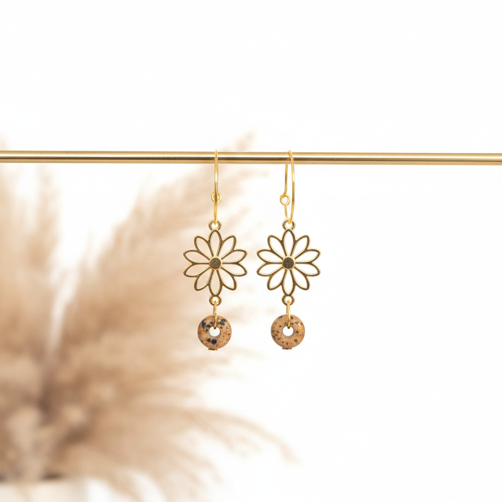 Boucles d’oreilles dorées à fleurs et pendentifs ronds, acier inoxydable