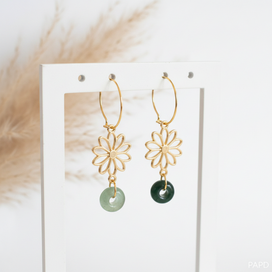 Créoles dorées à pendentif fleur et perle verte, anneaux fins