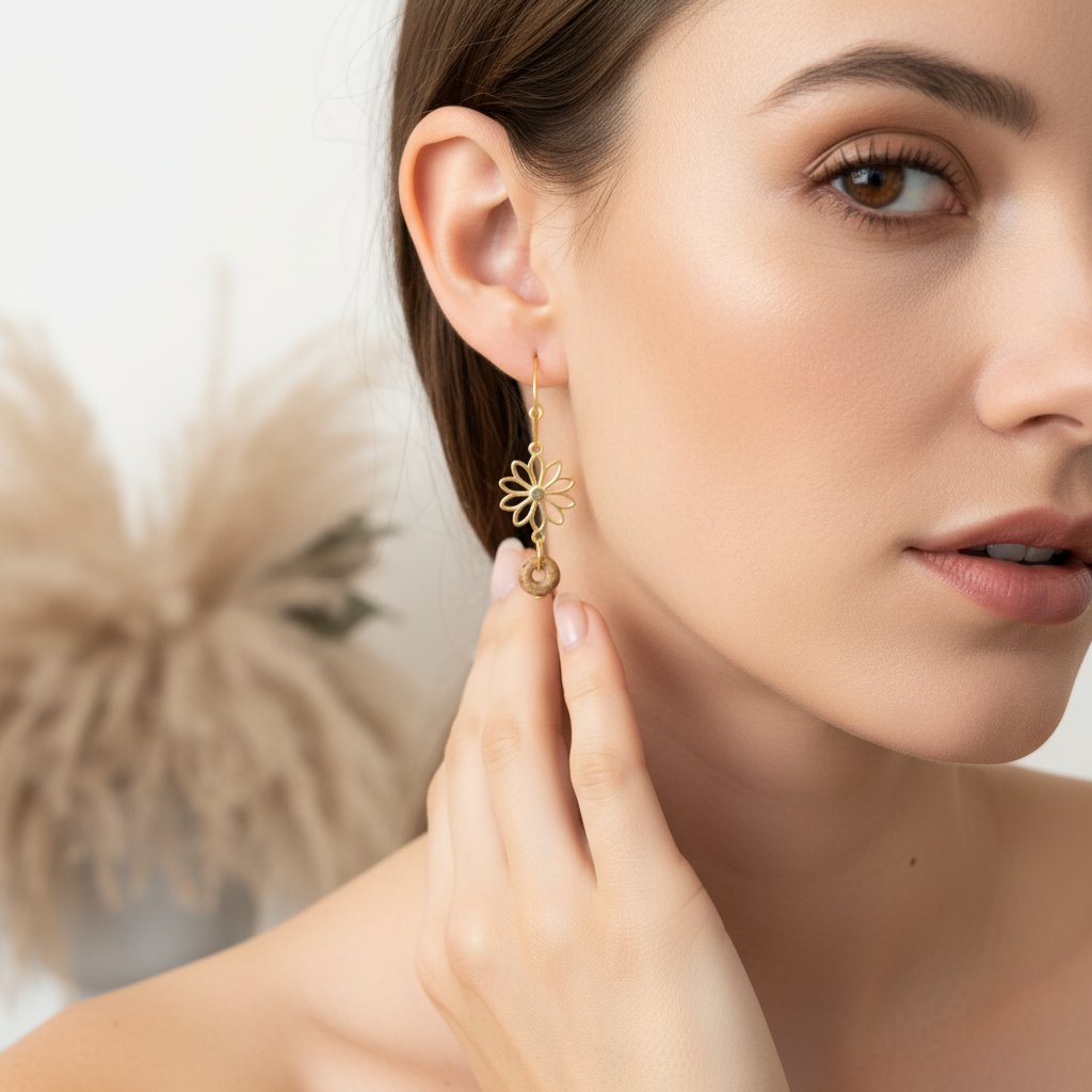 Boucles d’oreilles dorées pendantes en forme de fleur, perles rondes