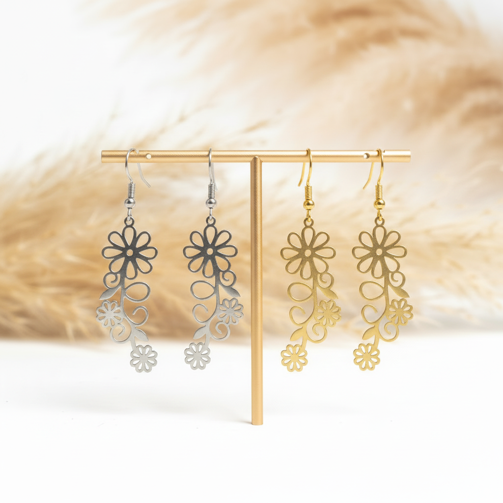 Boucles d’oreilles pendantes floral filigrane en acier, fleurs découpées, argent et or