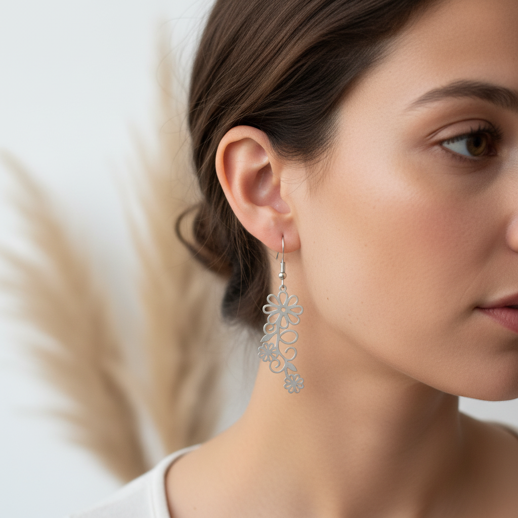 Boucle d’oreille pendante floral filigrane, motif fleurs découpées, argentée
