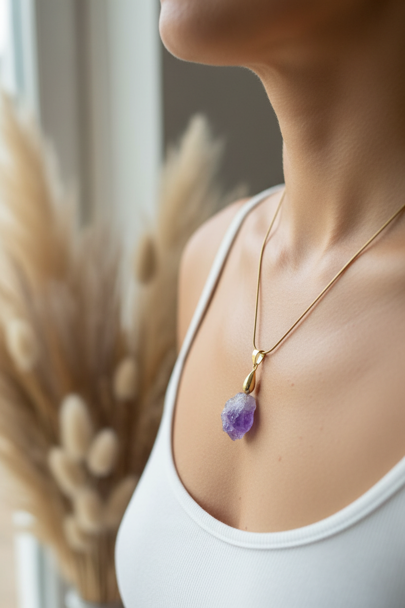 Collier fin en or avec pierre d’améthyste brute violette sur cordon doré