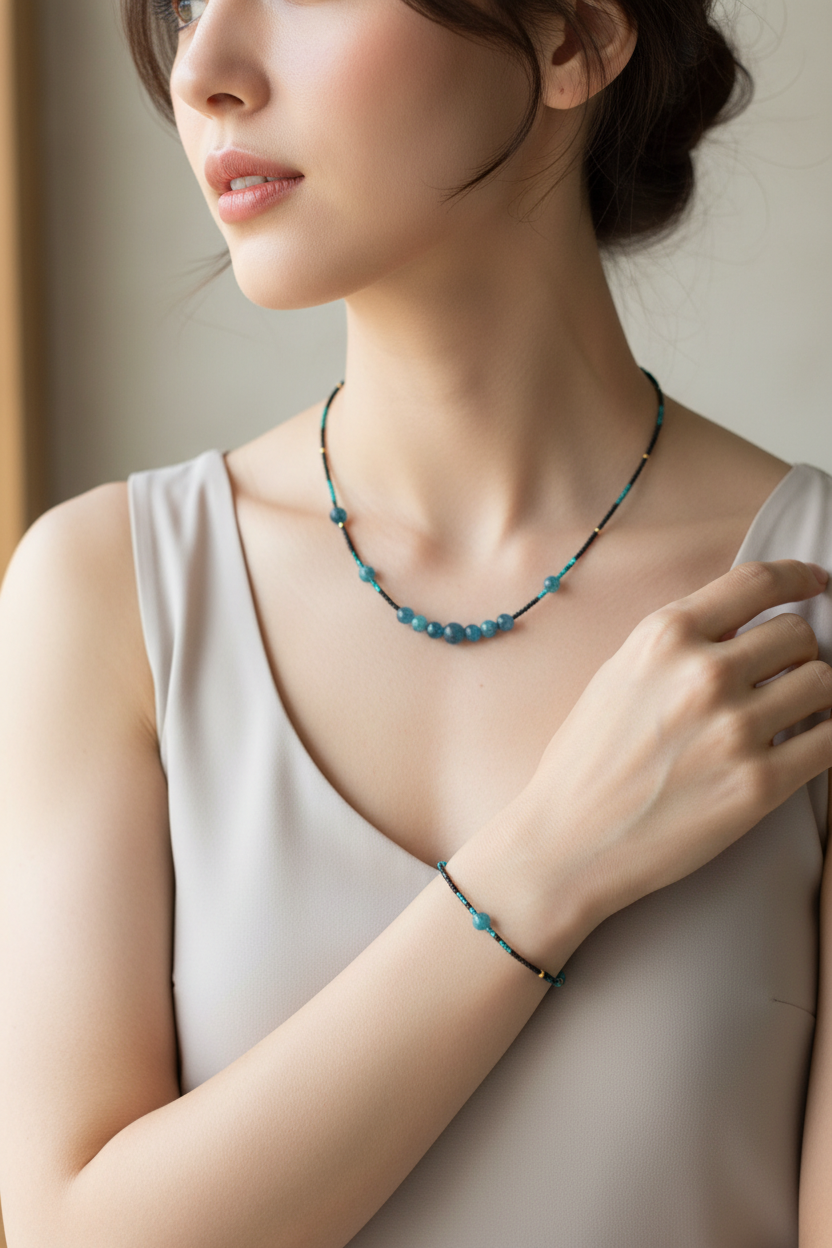 Parure artisanale collier 41cm + bracelet 18cm, apatite bleue, perles Miyuki & Toho, apprêts dorés inox. Fait main. Collection Nuit Sombre. Livraison gratuite