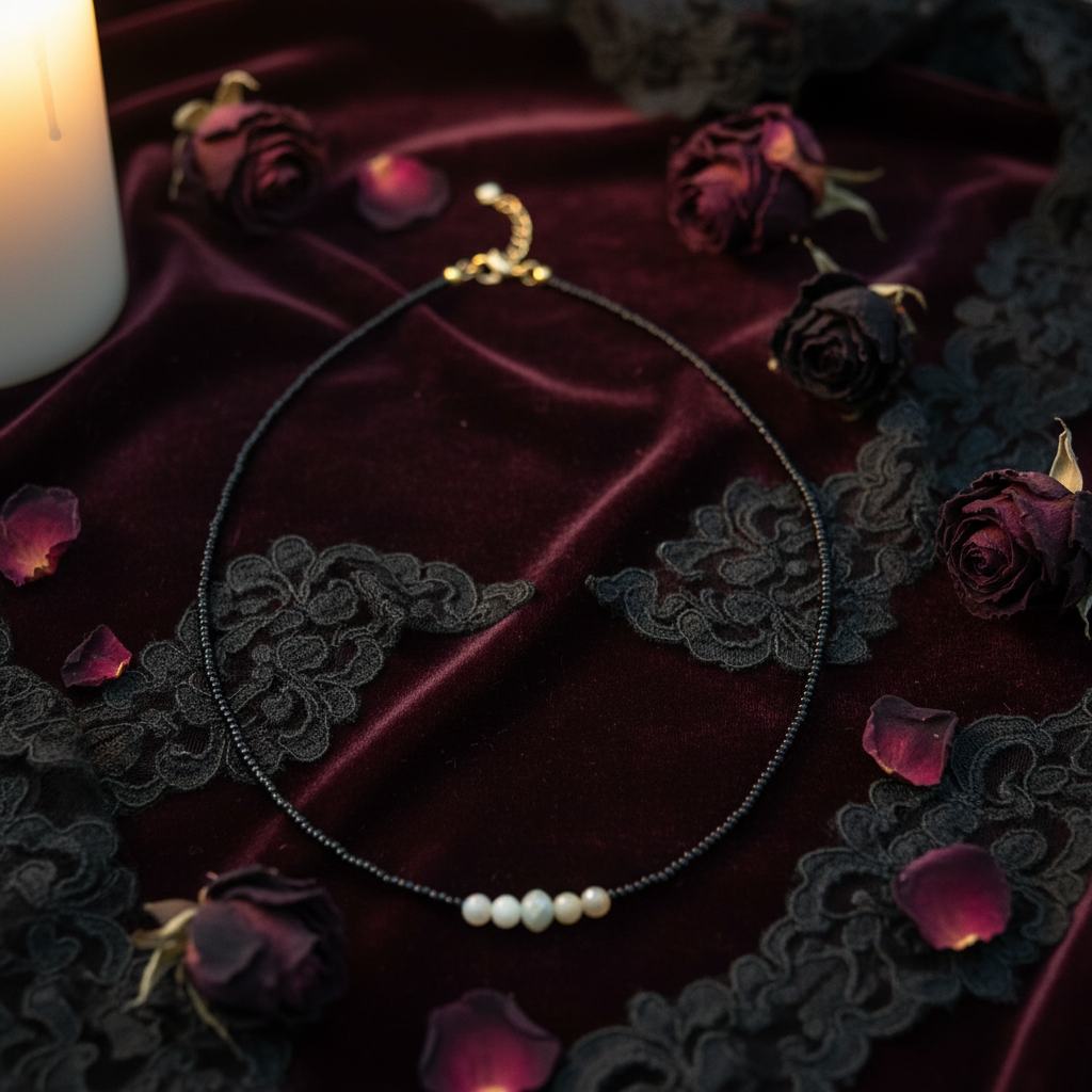 Collier artisanal perles Miyuki noires avec opale sauge et amazonite, apprêts dorés, posé sur velours sombre aux accents vintage gothique chic – bijou fait main France. livraison rapide et gratuite