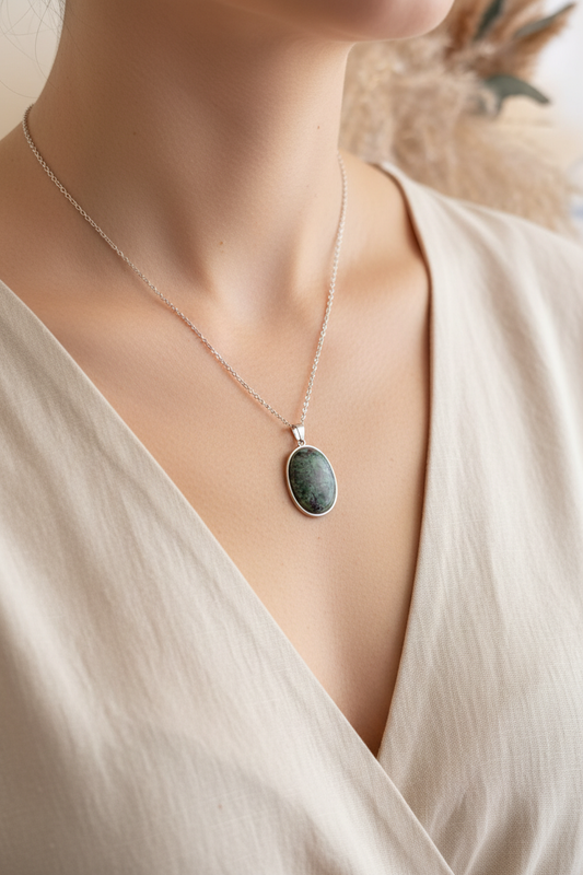 Collier Zoïsite naturelle rose et verte porté sur un cou féminin avec tenue claire, pendentif ovale argenté 18 x 25 mm et chaîne 316L de 44 cm