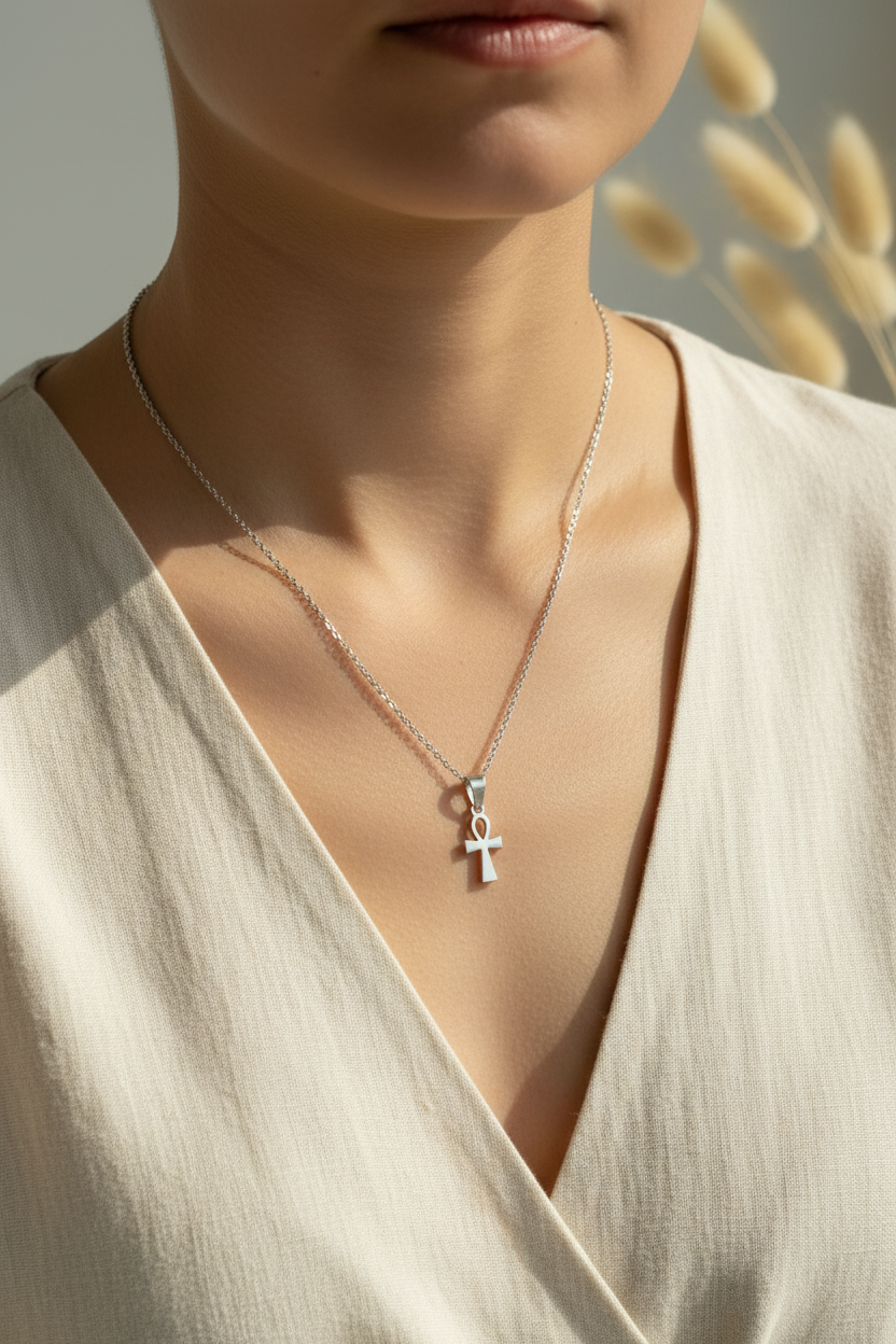 Collier unisexe à pendentif Ankh et croix, chaîne argentée en acier inox