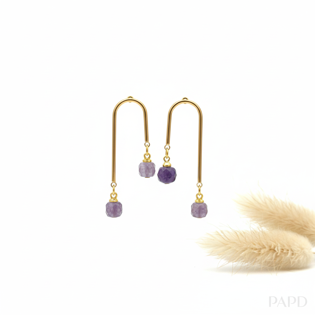 Boucles d’oreilles pendantes avec deux perles améthyste facettées sur tiges