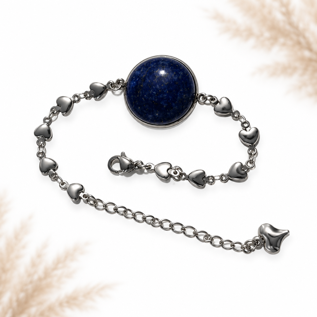 Bracelet à pierre ronde lapis-lazuli bleue et chaîne à maillons, fermoir et breloque cœur