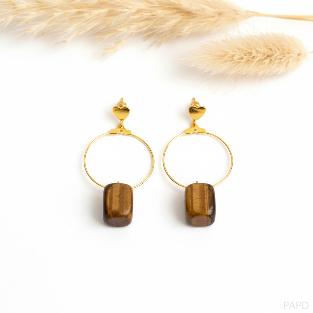 Boucles d’oreilles anneau doré, cœur au sommet et pendentif carré œil de tigre.