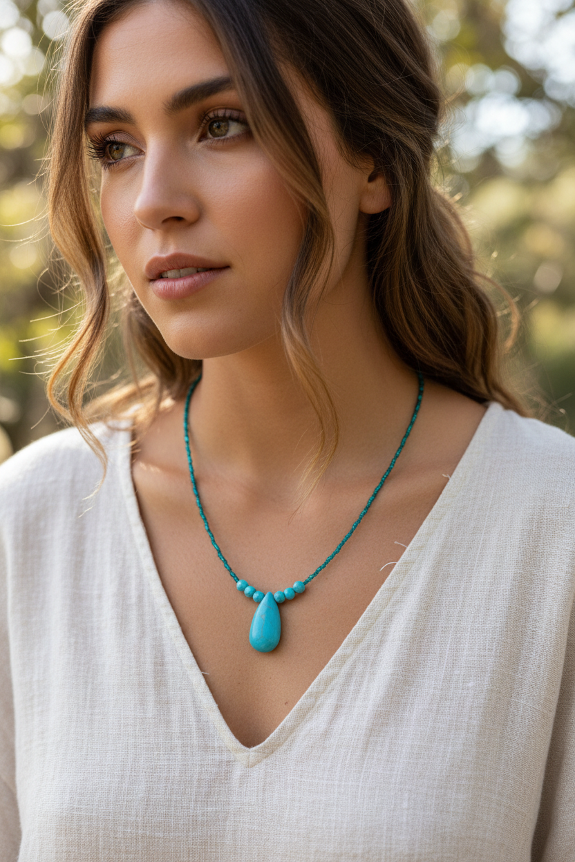 Collier turquoise à pendentif goutte, perles en rang, porté sur décolleté.